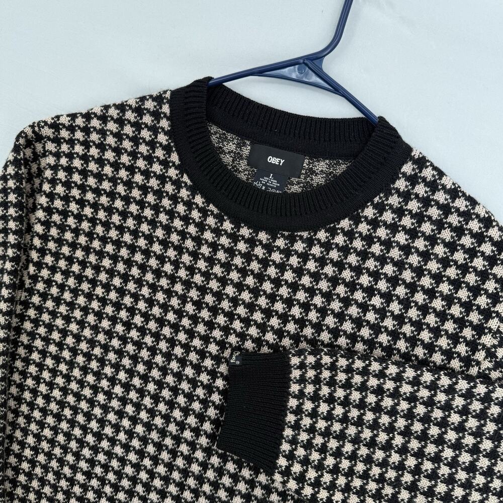 Obey Houndstooth Knit Sweater 100% Wool Mens Size Large Black Tan Preppy